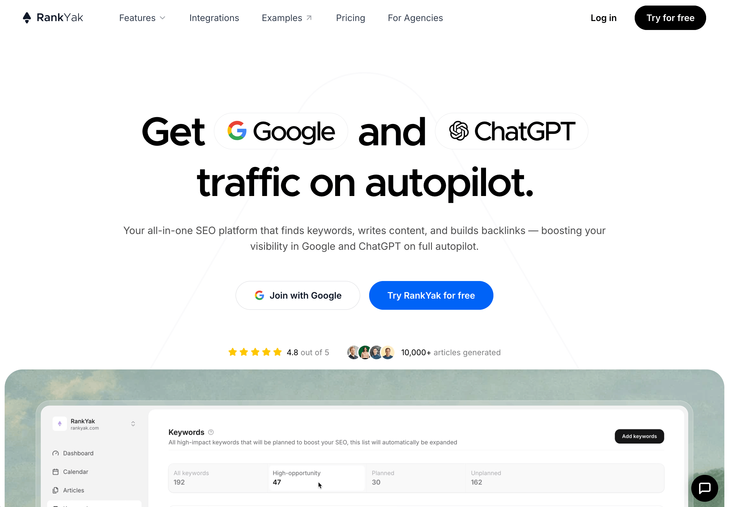 The RankYak landing page