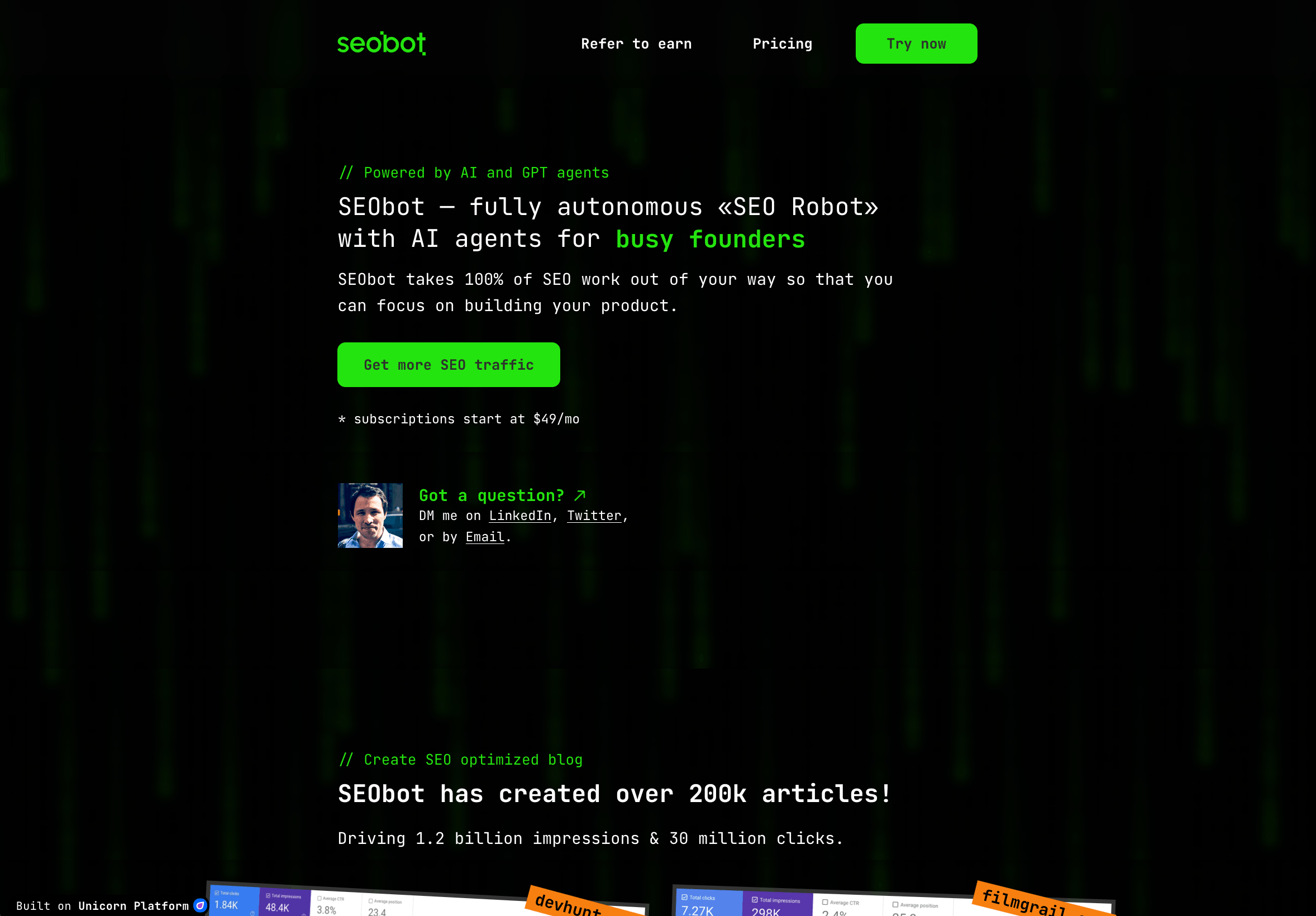 The SEObot landing page