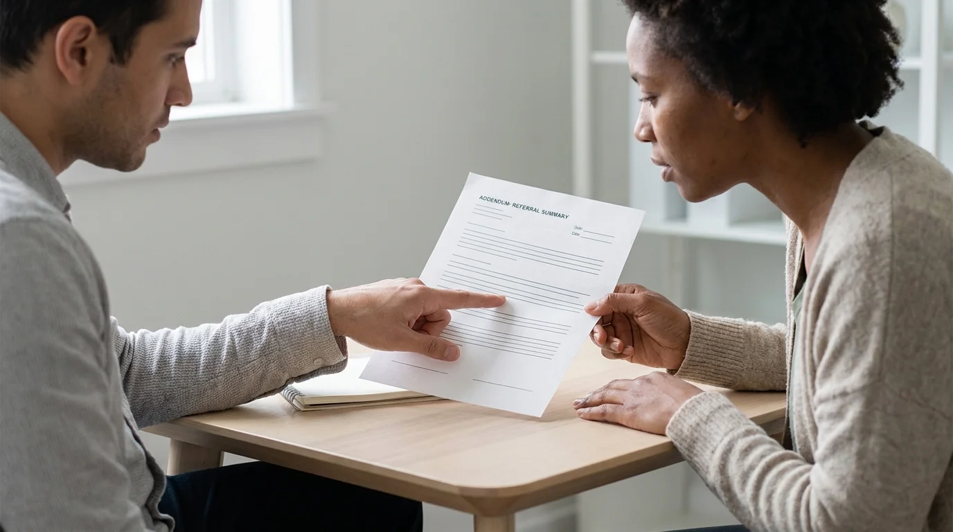 A 16:9 landscape editorial scene of a clinician and adult client reviewing a brief referral summary, with the client choosing what may be shared; no legible text.