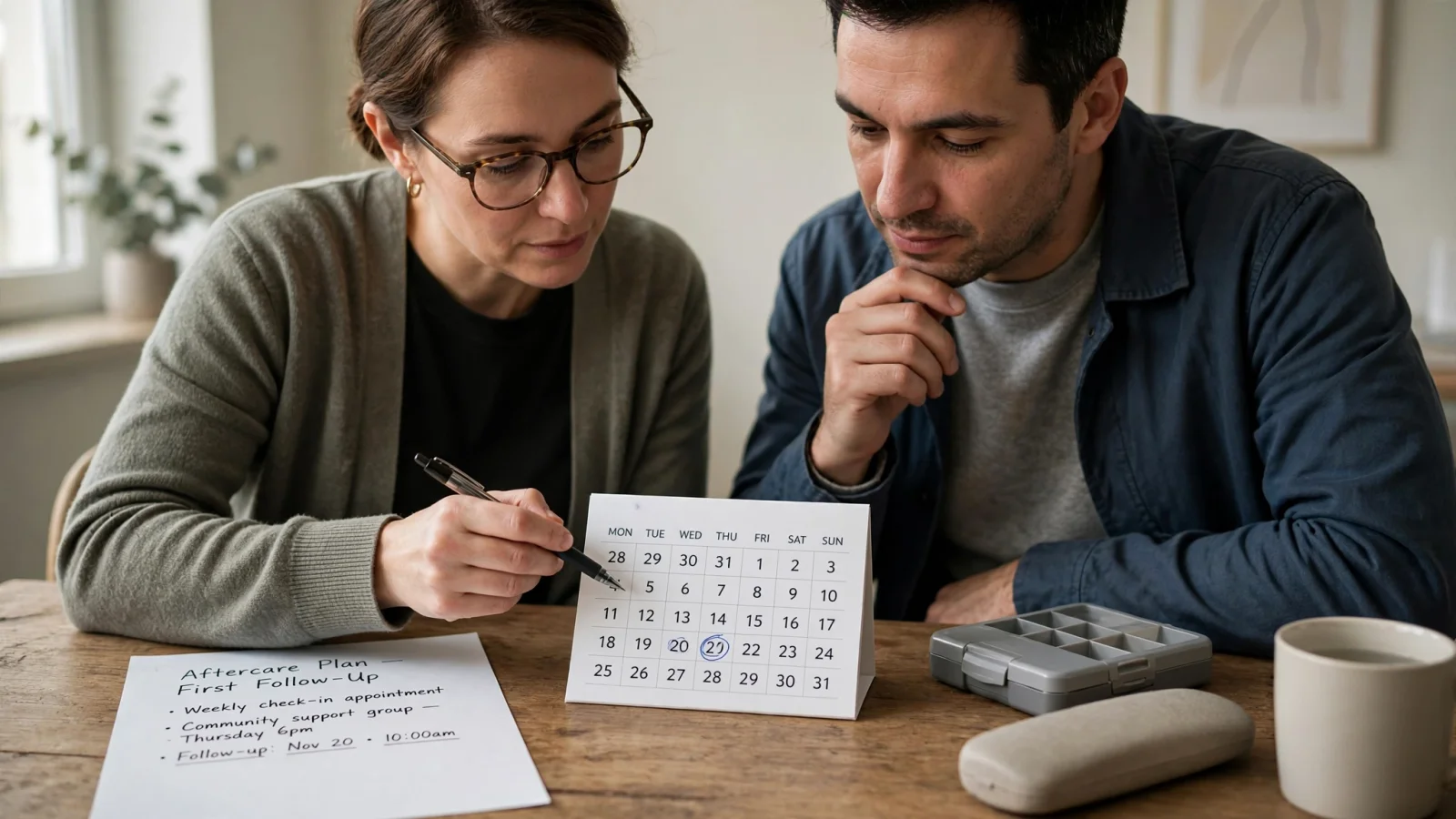 A 16:9 landscape editorial scene of an adult patient and outpatient clinician planning the first follow-up after residential care, with a calendar and medication organizer in view but no legible text.