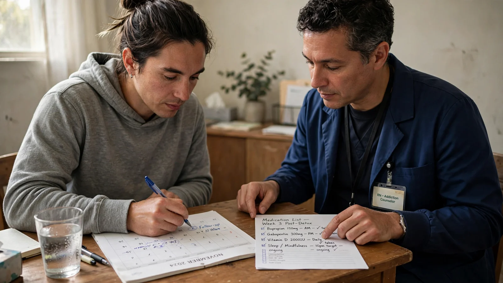For the discharge-planning section, show an adult and clinician reviewing a follow-up calendar and medication list together, conveying that detox is a handoff into care rather than a finish line.