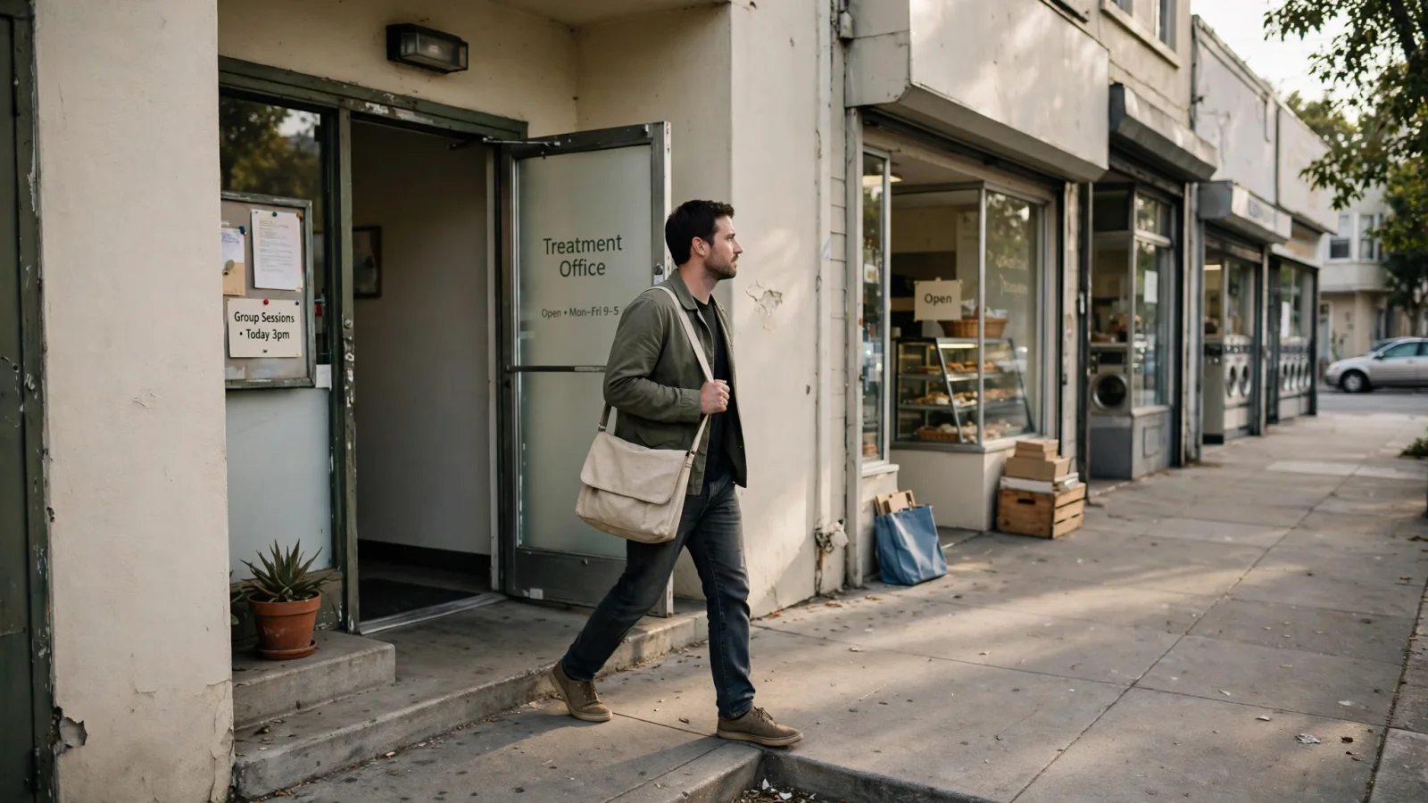 For the IOP section, depict an adult leaving a welcoming neighborhood treatment office and returning to an ordinary daily routine, illustrating structured outpatient care without a live-in setting.
