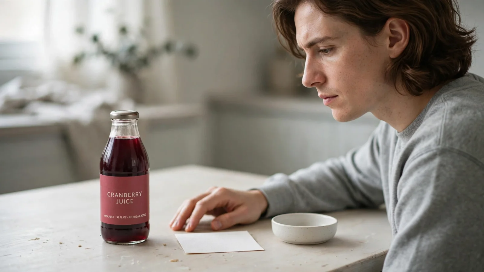 Opening: An adult reader at a kitchen table looking from an unopened cranberry-juice bottle to a test appointment card, conveying uncertainty without suggesting the juice works; no readable text.