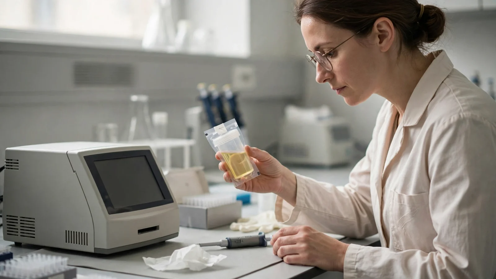 For the testing section: A laboratory professional reviewing a sealed urine specimen beside generic assay equipment, emphasizing that tests target specified substances rather than a general detox process; no readable text.