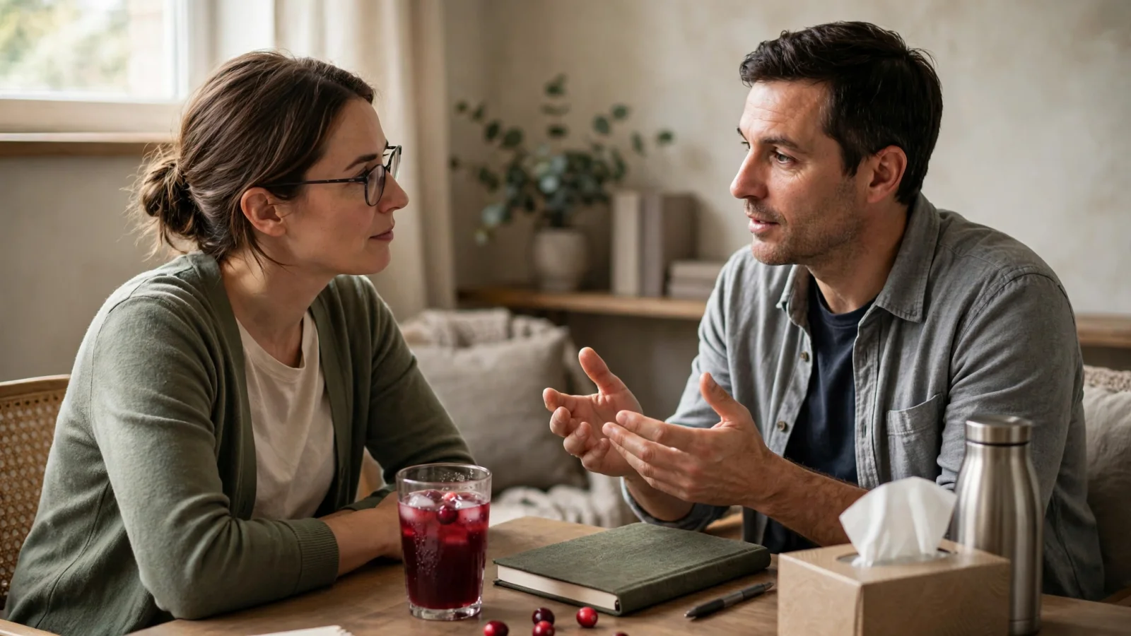 For the support section: An outpatient counselor listening as an adult client discusses concerns in a calm, private office, conveying nonjudgmental care; no visible text.