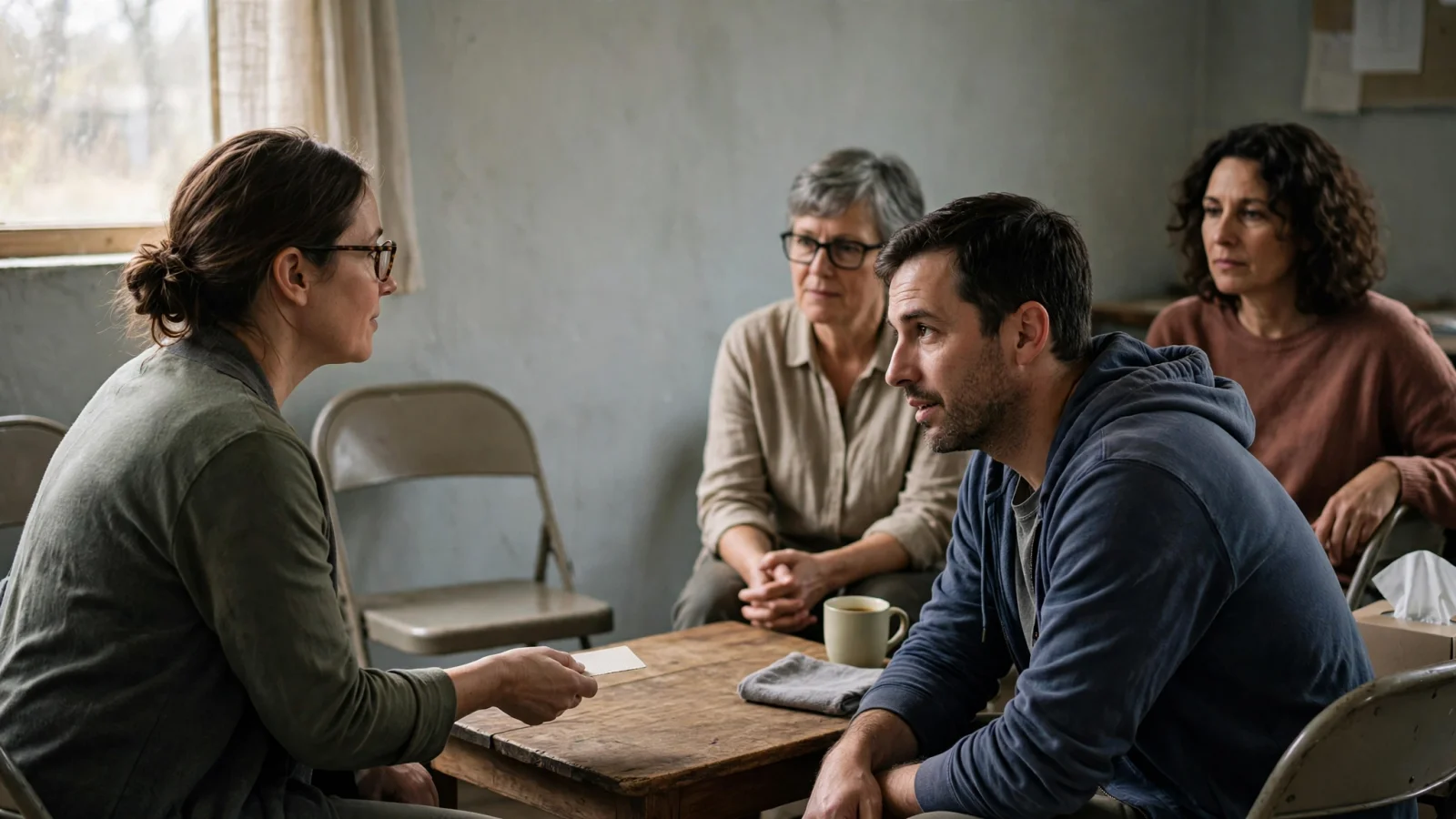 A chairperson places a blank prompt card in a modest community-room circle as a few people listen, showing how one open-ended question can start a discussion; no logos or readable text.