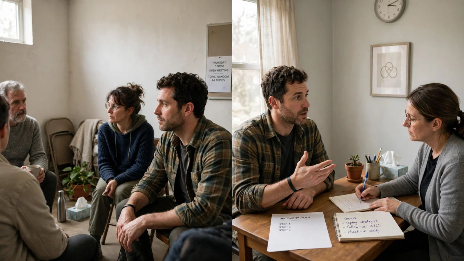 A split editorial scene shows the same adult listening in a peer-support circle and speaking with a clinician in a separate office, illustrating that mutual support and professional care have distinct but compatible roles; no logos or readable text.