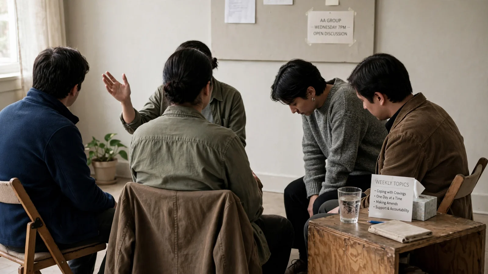For the meeting-format section, show a small group of adults in a modest community room, one person sharing while others listen respectfully, with faces discreetly turned away to suggest privacy and no text.