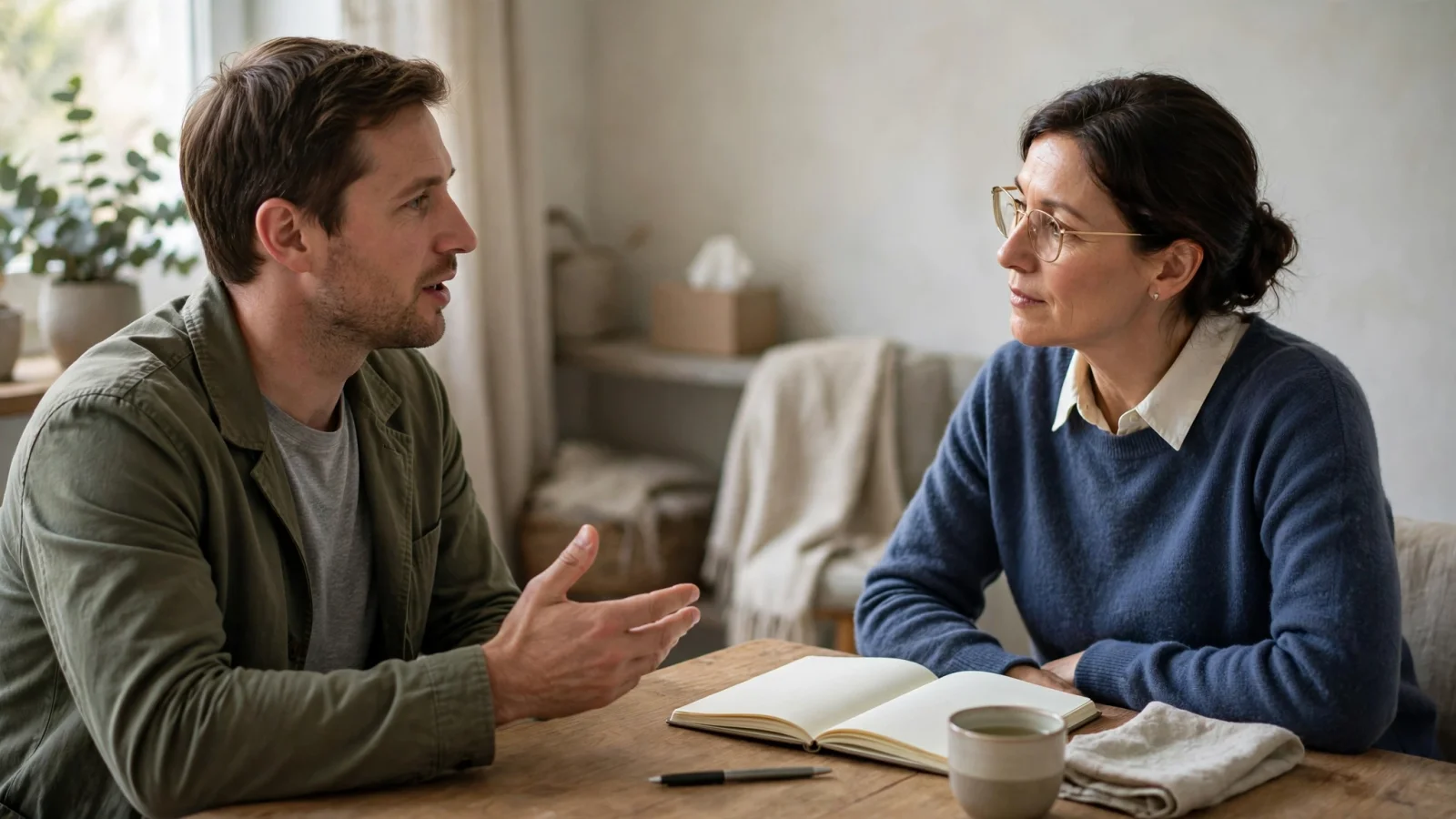For the clinical-care section, show an adult speaking with a clinician in a calm consultation room, clearly distinct from a peer meeting and without text or dramatic alcohol imagery.