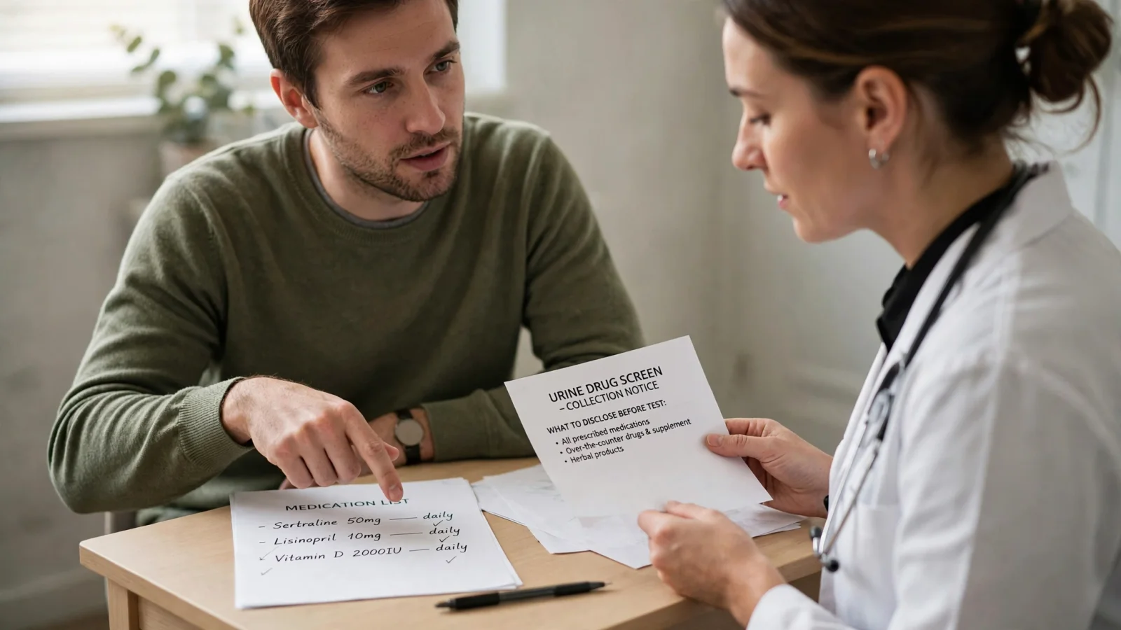A person reviewing a testing notice and medication list with a clinician, emphasizing questions and disclosure rather than a supposed instant fix.