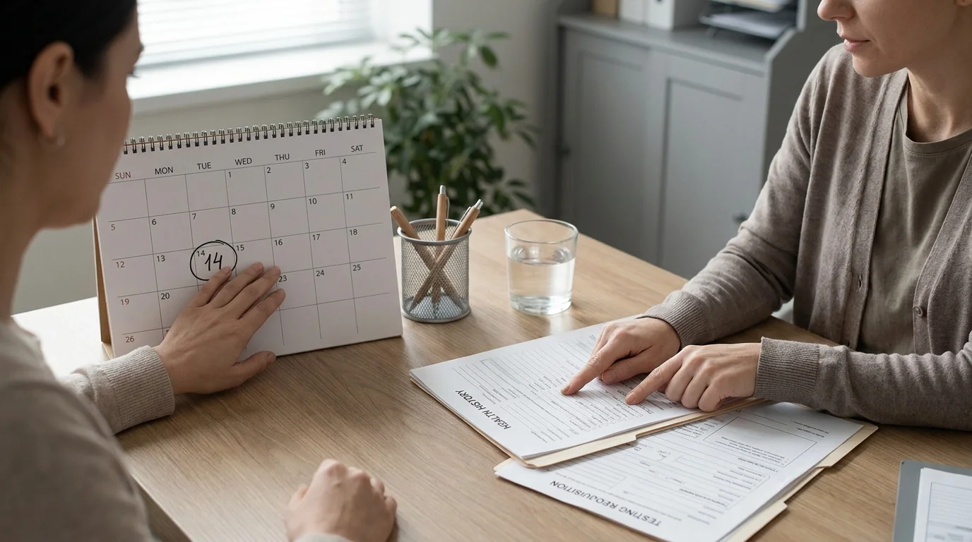 A person and clinician looking at a calendar whose single countdown fades into different personal and testing factors, illustrating why generic detection windows cannot predict one result.