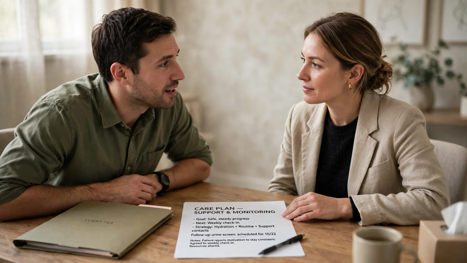 An adult speaking openly with an addiction counselor in a calm outpatient office, presenting recovery support as a constructive next step when test worries reflect substance use.
