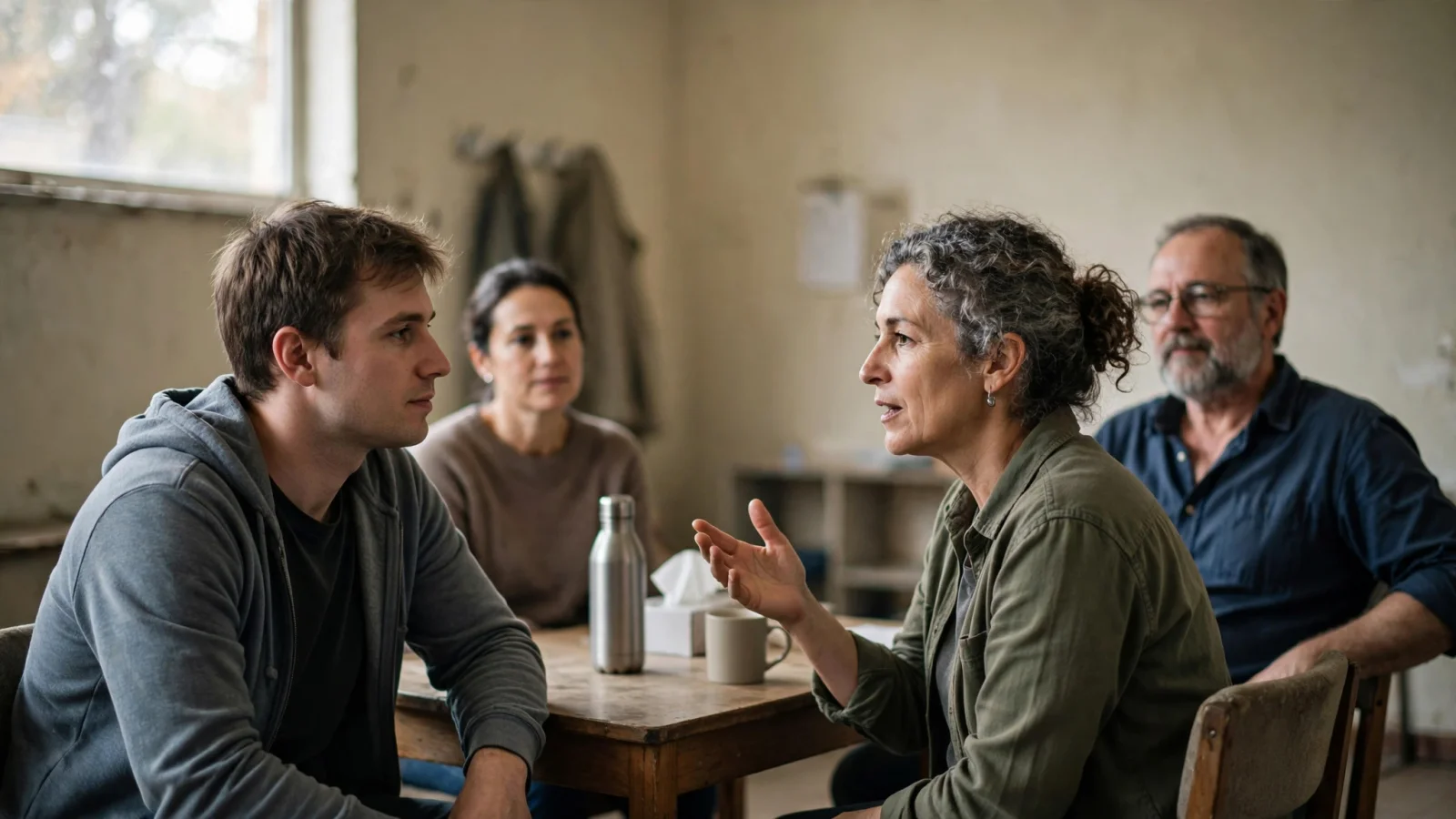 A small, welcoming AA discussion circle in a community room, with a newcomer listening comfortably while others share and no readable signs or logos.