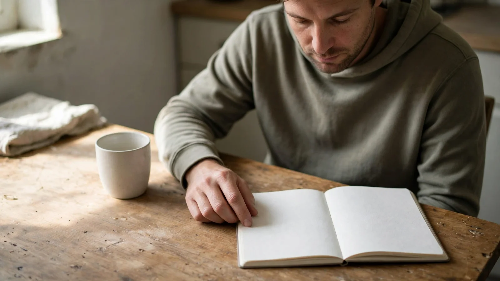 An adult pausing at a kitchen table with a blank notebook, considering one manageable recovery choice for the day.