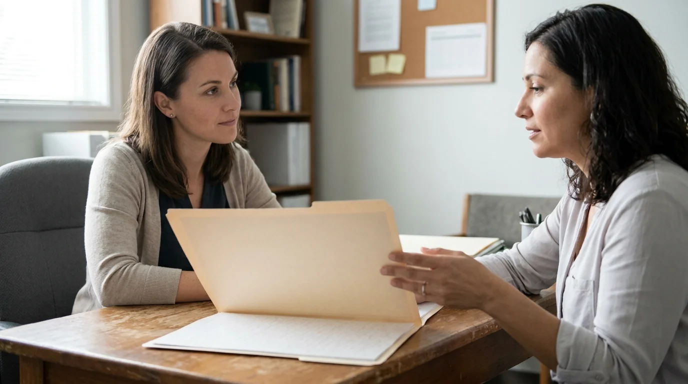 A clinician and adult client calmly discussing care options in a modest outpatient office, with an unmarked folder between them.