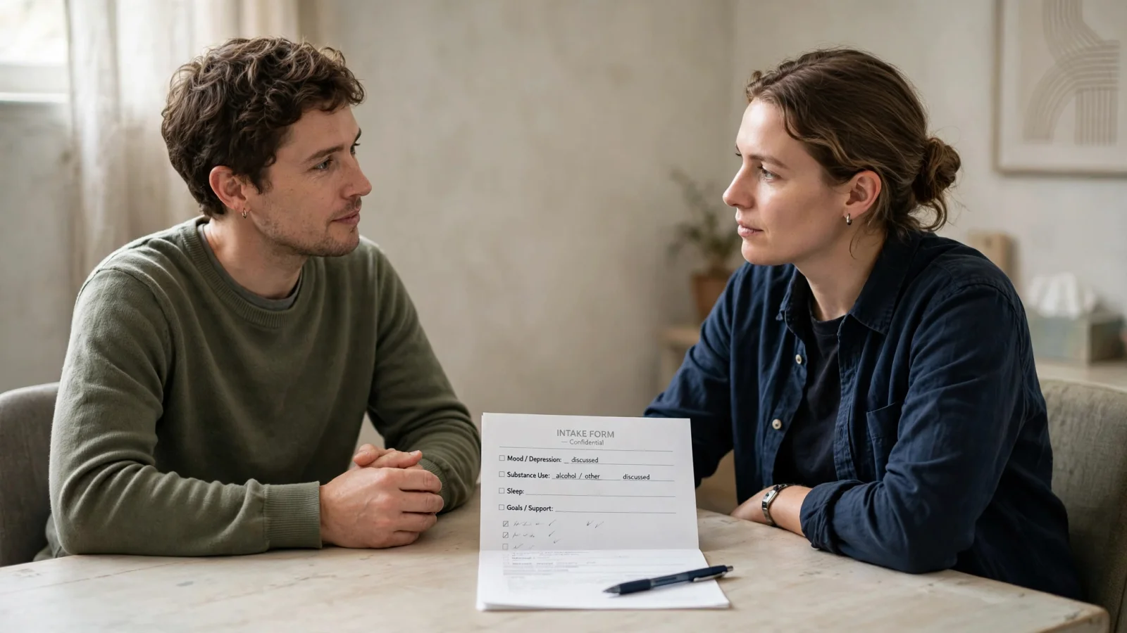 A calm outpatient intake conversation in which a clinician listens as an adult describes both mood symptoms and substance use, conveying joint assessment without stigma.