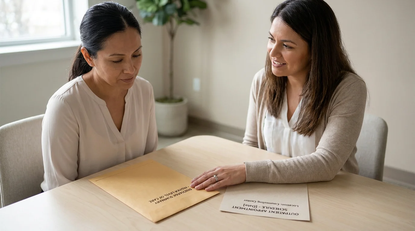 A person and care coordinator reviewing a handoff between clearly separate detox or residential and outpatient counseling settings, showing continuity across providers without implying one shared facility.