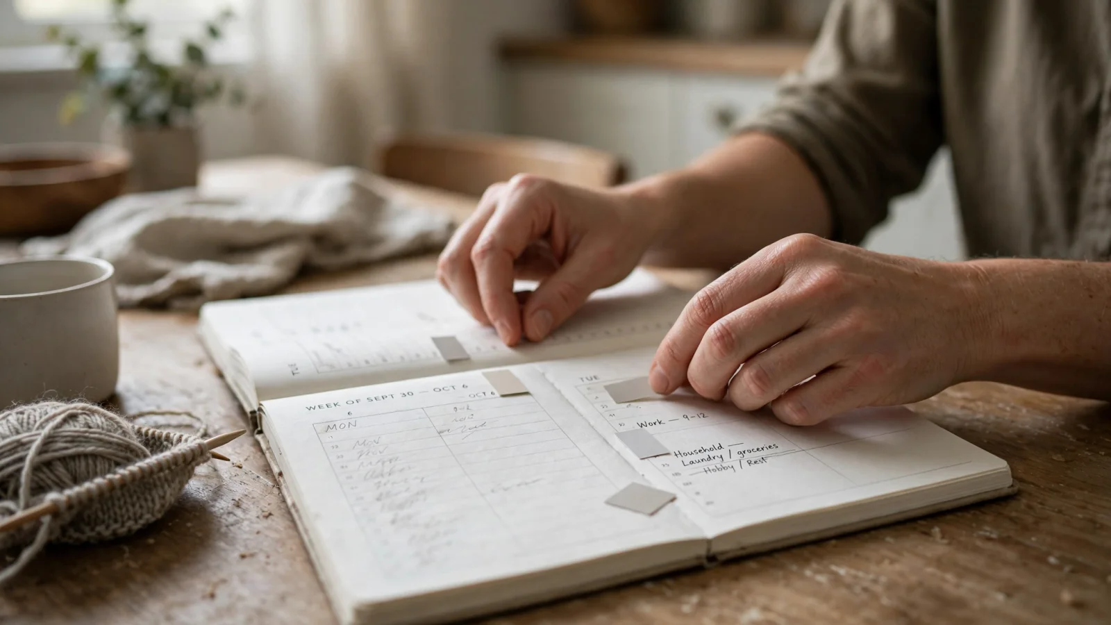 An adult at a kitchen table looking over a weekly planner beside an untouched hobby item, making changes to responsibilities and valued activities visible without depicting cannabis use.