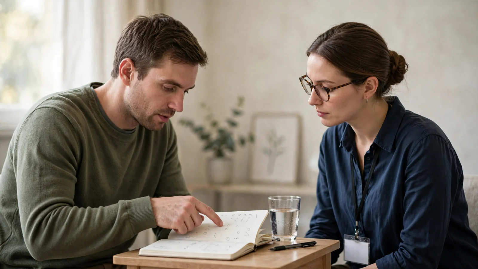 A clinician and adult in a welcoming outpatient room discussing personal goals, with attentive posture and an open notebook conveying collaborative behavior-change support.