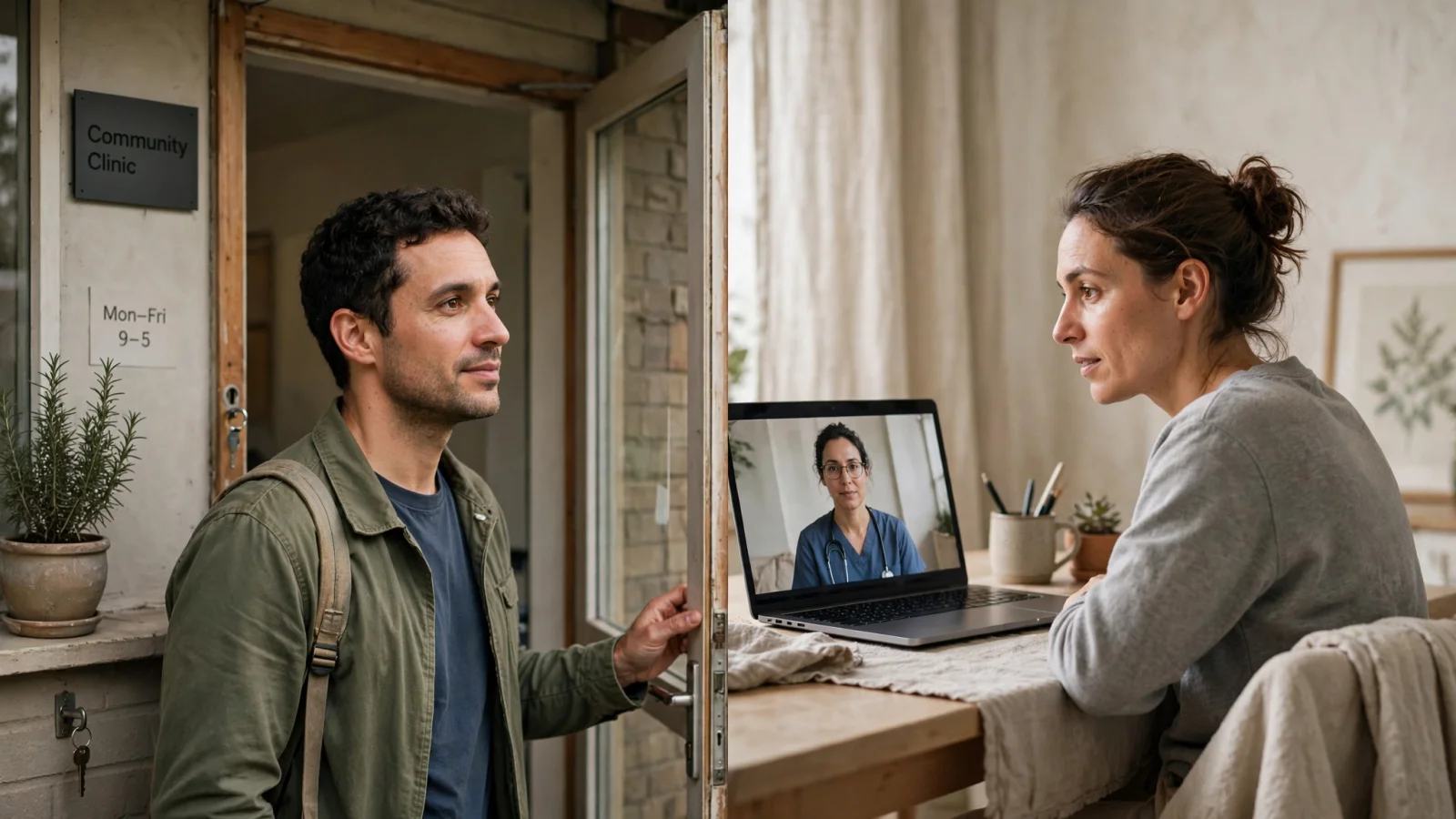 A split-scene editorial image showing an adult arriving at a community clinic and another connecting with a clinician from home by laptop, illustrating the in-person and telehealth choices.