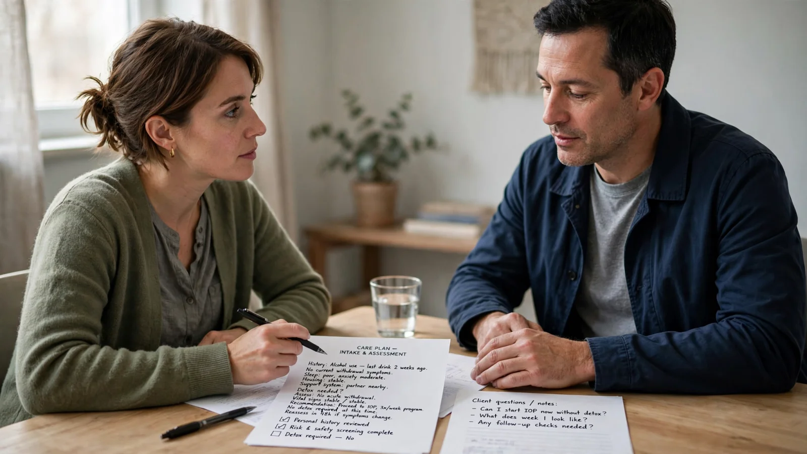 For the withdrawal-risk section, show an adult and clinician in a calm intake conversation, with the clinician listening and reviewing a care plan.