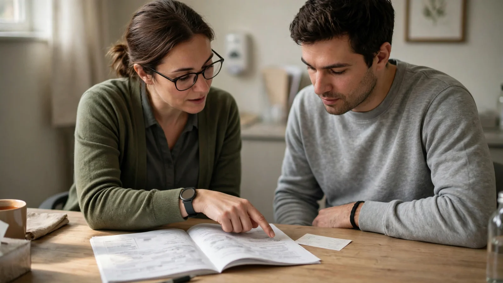 For the transition section, show a patient and clinician reviewing an outpatient follow-up plan after supervised withdrawal care, emphasizing that detox is a step toward ongoing treatment.