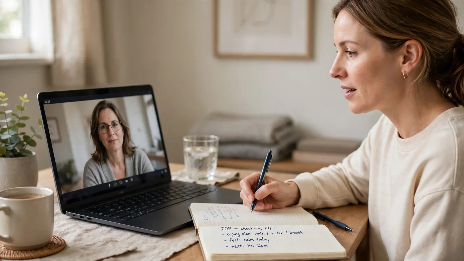 For the telehealth discussion: an adult meeting an IOP counselor by video from a private home workspace, conveying planned outpatient care rather than emergency monitoring.