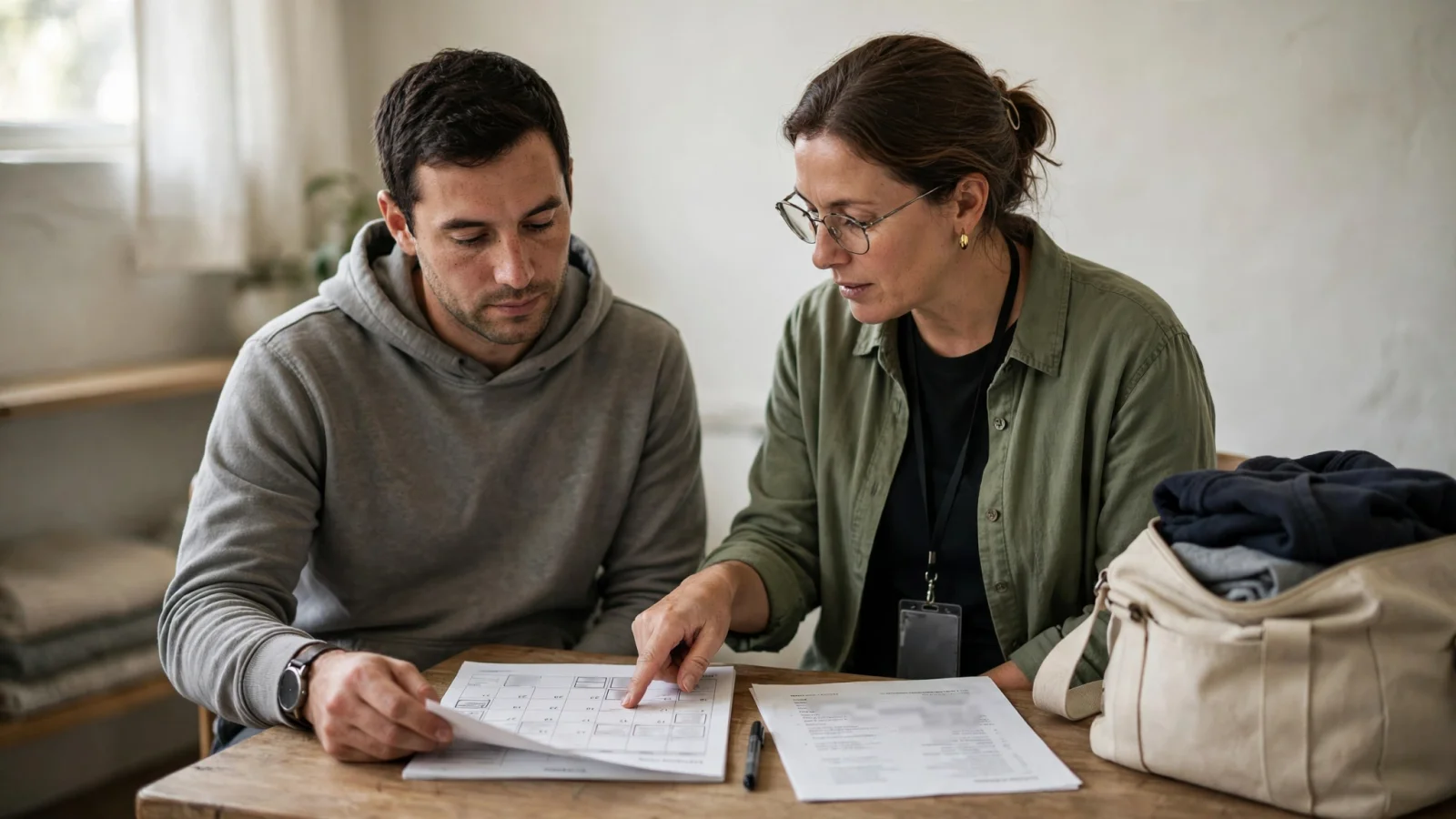 For the aftercare section: a patient and discharge planner reviewing a follow-up calendar and medication list before leaving a residential program.