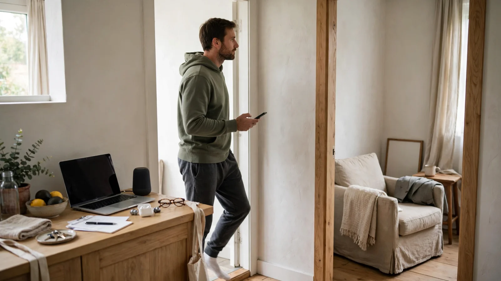 An adult steps into a quiet room with a phone before a telehealth appointment, while shared household devices remain outside the private space.