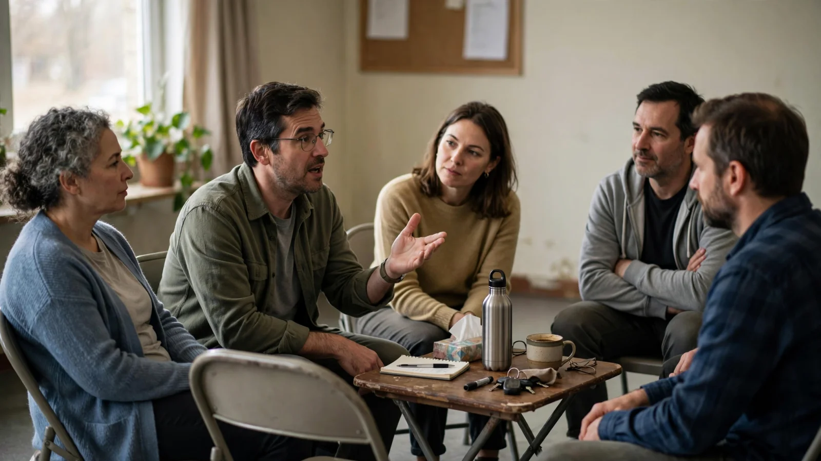 A modest community-room circle where one person speaks and others listen with relaxed attention, conveying peer-led discussion without a pressured turn-taking ritual.