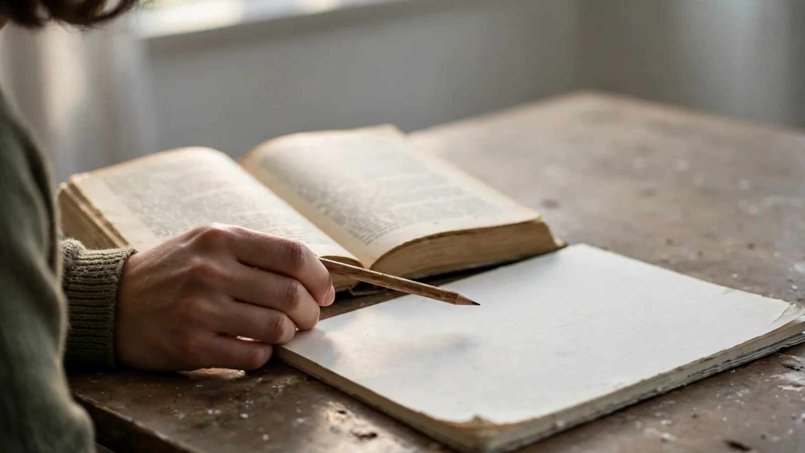 A person sets an open recovery book beside a notebook and considers a reflection before a meeting, illustrating a literature-based discussion topic.