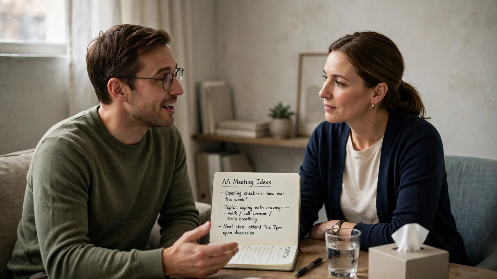 A person talks with a clinician in a calm office, showing clinical care as a distinct support that can sit alongside peer meetings.