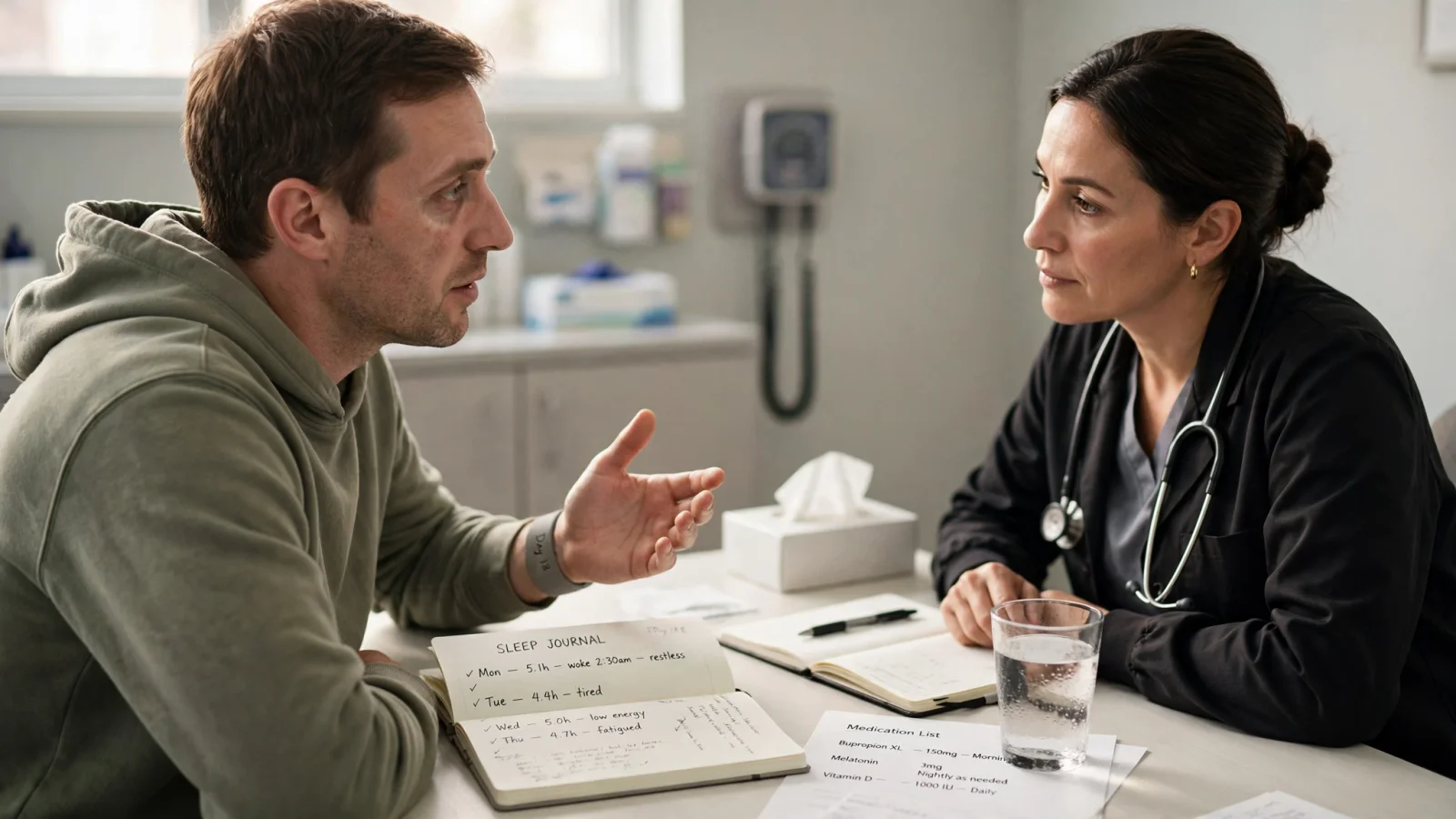 For the causes section: An adult in early recovery describes low energy to a clinician in a calm exam room, with a sleep journal and medication list nearby, conveying that fatigue deserves individualized evaluation rather than a single assumed cause.