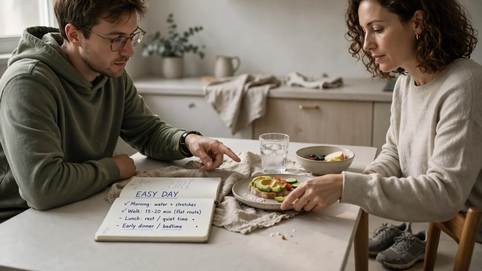 For the practical-support section: A person and a trusted supporter plan a low-pressure day at a kitchen table, with a simple meal, water, walking shoes, and a notebook showing manageable habits and shared support without implying a cure.