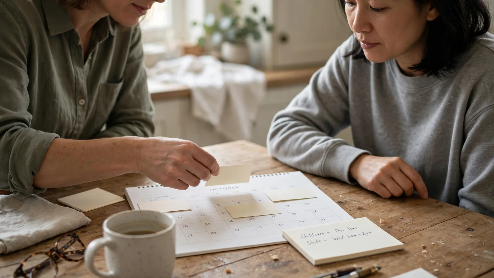 An adult arranging work shifts, treatment appointments, and childcare at a kitchen table with a supportive family member, in a calm, realistic moment without legible text.