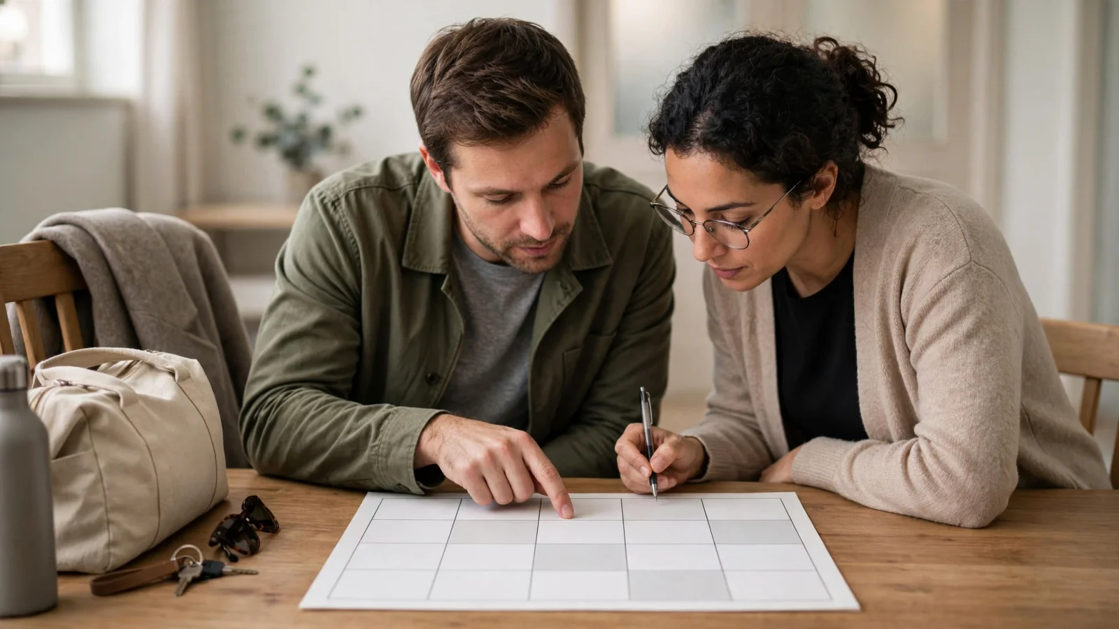 An adult and clinician in a calm outpatient office reviewing a simple calendar together as a collaborative care-plan check, not a graduation test.