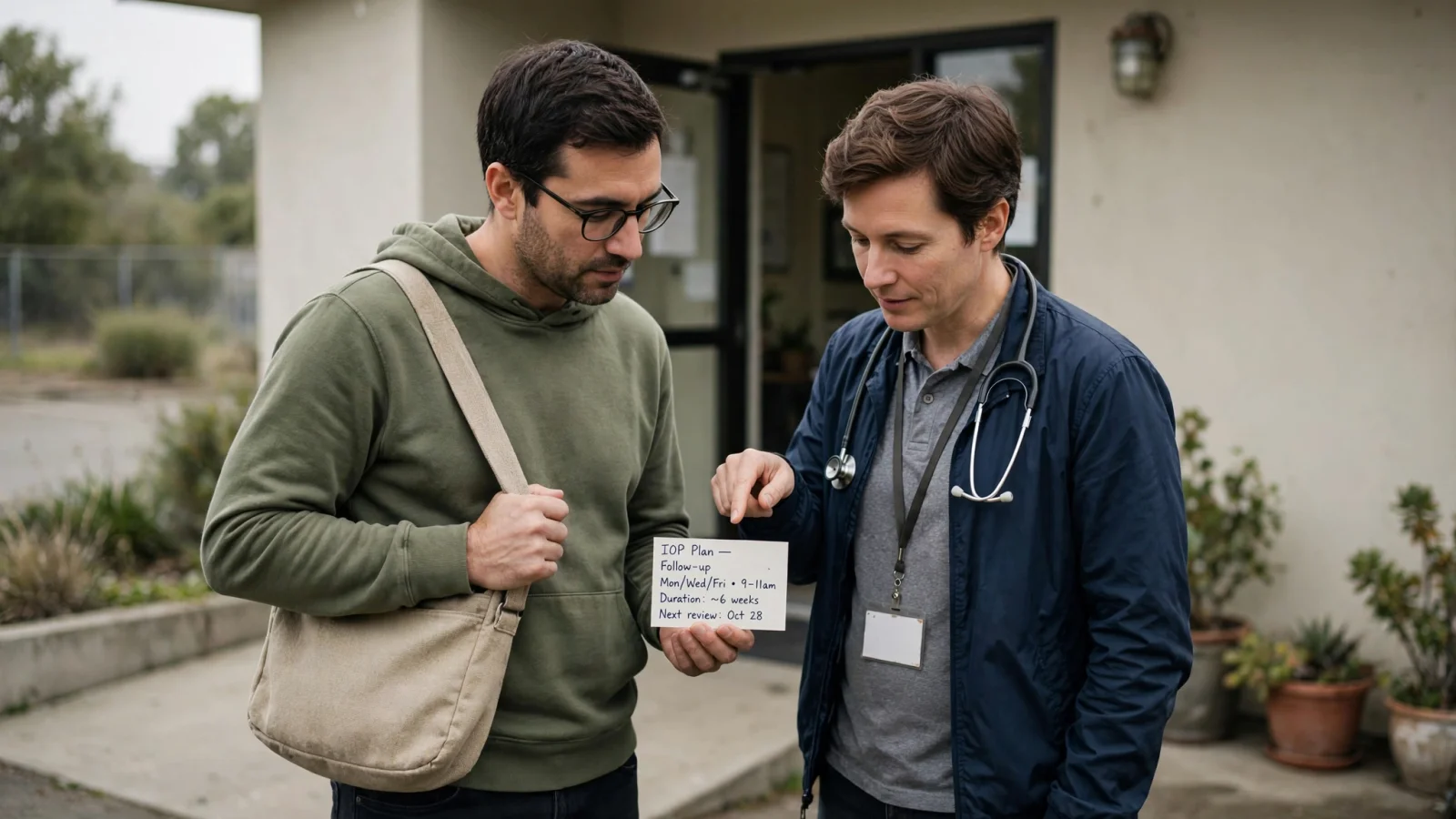 An adult meeting an outpatient clinician outside a community clinic after residential care, conveying a possible step-down rather than an automatic transition or finish line.