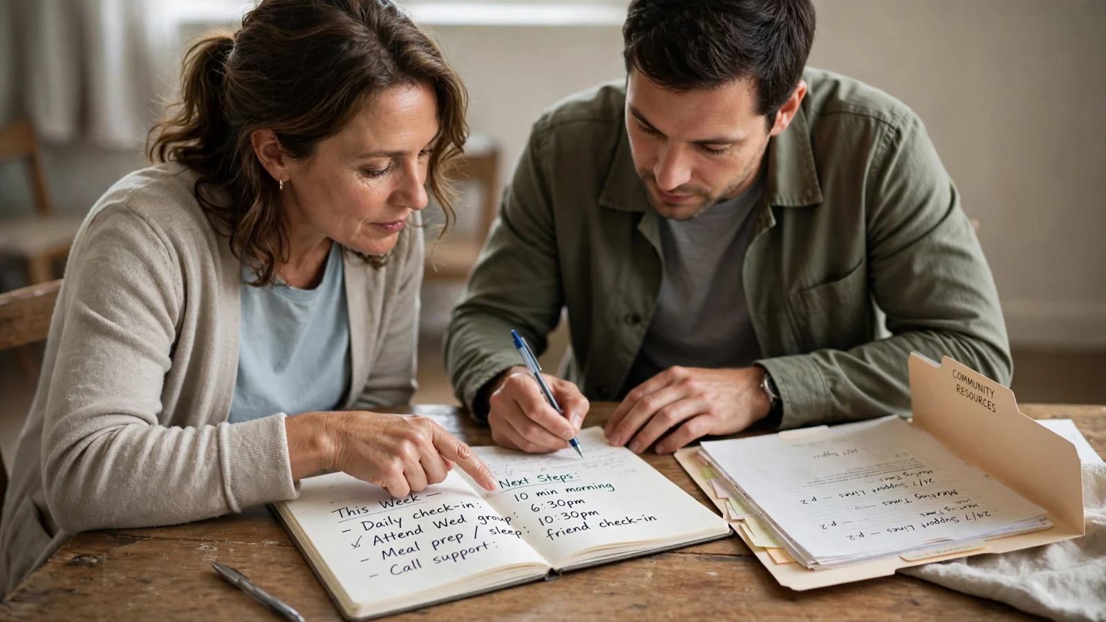 A recovery mentor and client work through practical next steps together at a community table, with an open notebook and resource folder.