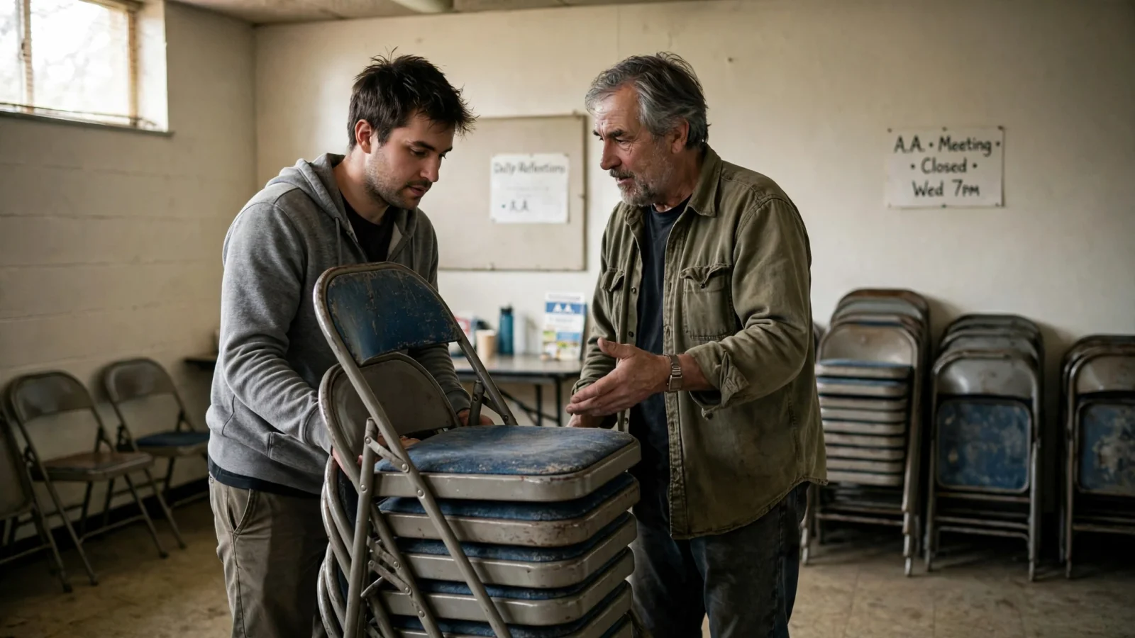 A newcomer and an experienced A.A. member speak quietly after a meeting in a modest fellowship hall as chairs are put away.