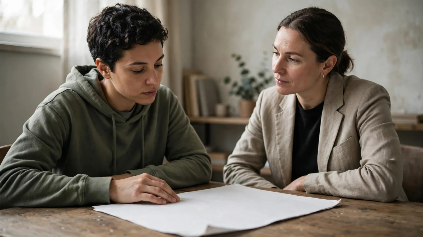 An addiction counselor listens as a client reviews an unmarked care plan in a calm, private office.
