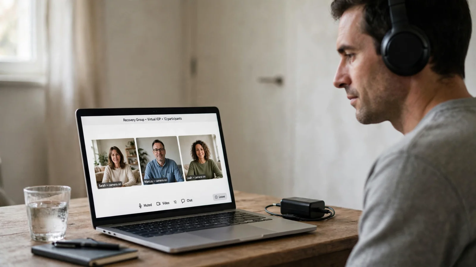 An adult joining a live recovery group from a quiet private room, wearing headphones with a laptop and a dependable home setup visible.