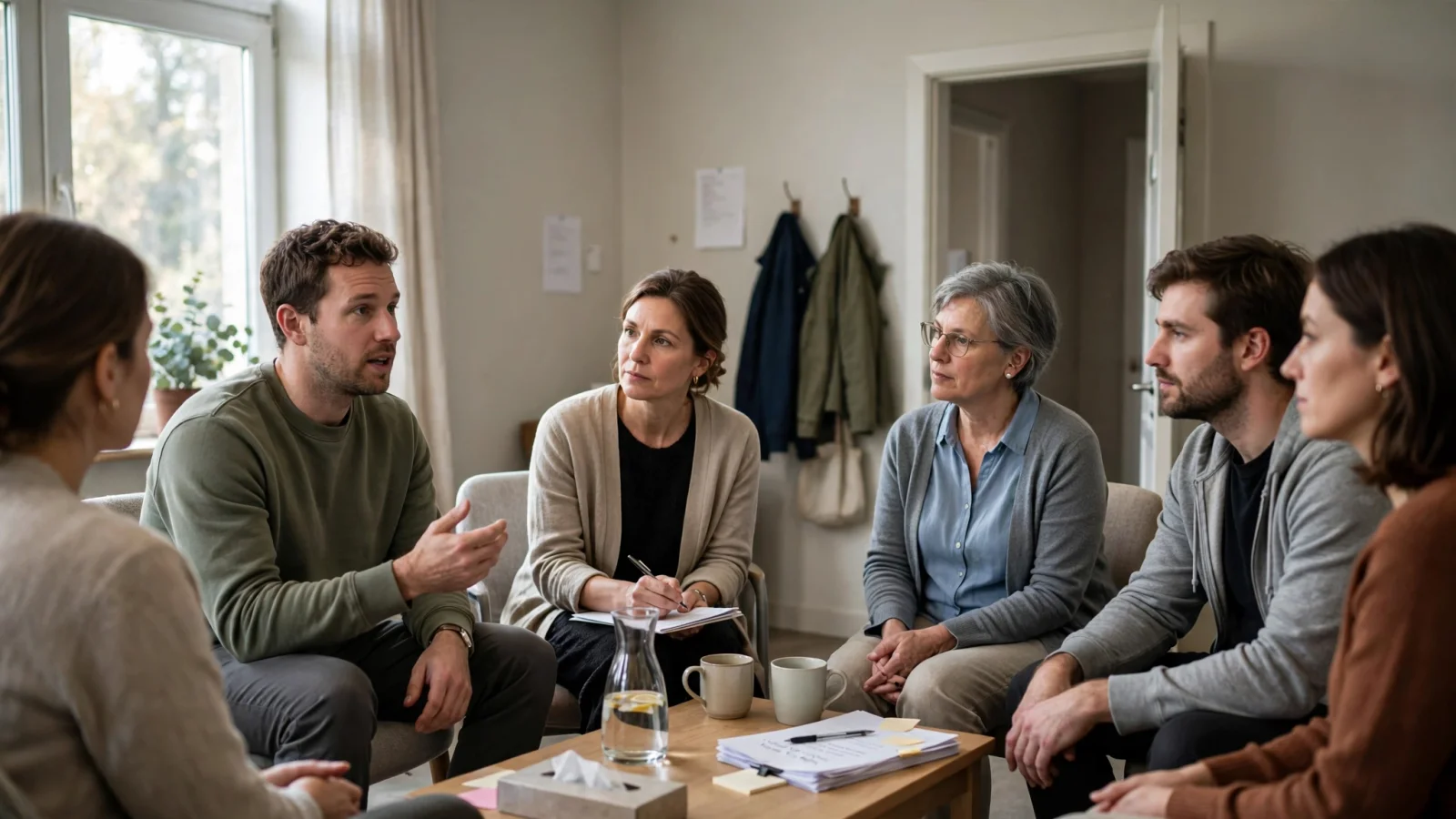 A small outpatient IOP group meeting face-to-face in a calm clinic room, with a facilitator and participants listening and speaking.