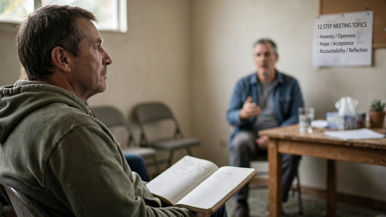 An adult in a peer recovery circle listens while another member speaks, with a notebook resting on their lap to suggest reflection without pressure to disclose; no text.