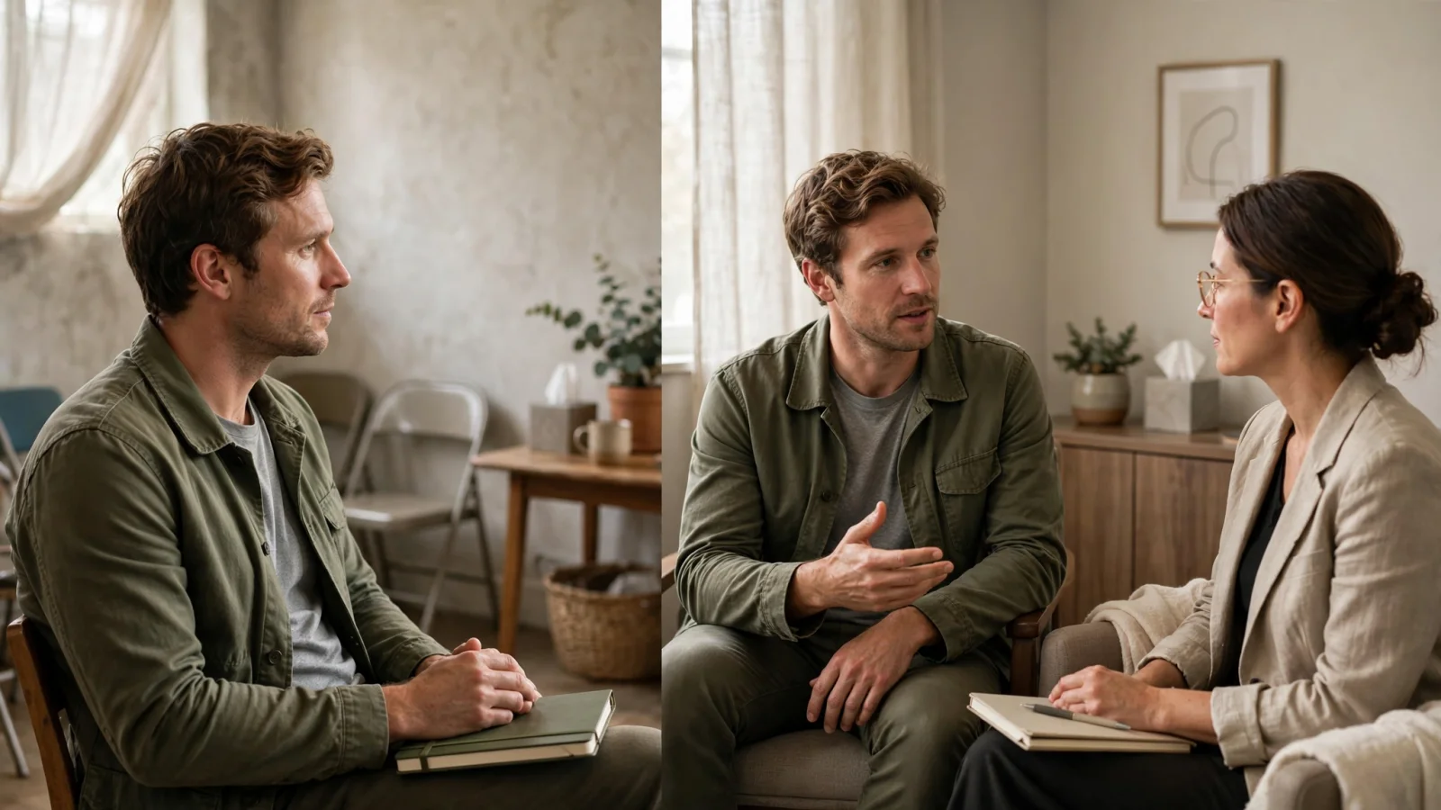 A split scene shows the same adult attending an informal peer meeting and separately speaking with an outpatient clinician, making the two forms of support visibly complementary; no text or labels.