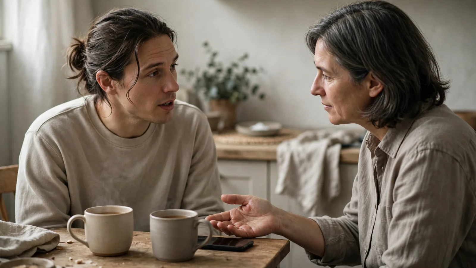 A quiet, respectful conversation between two adult family members, with one listening attentively while the other speaks rather than facing an argument or confrontation.