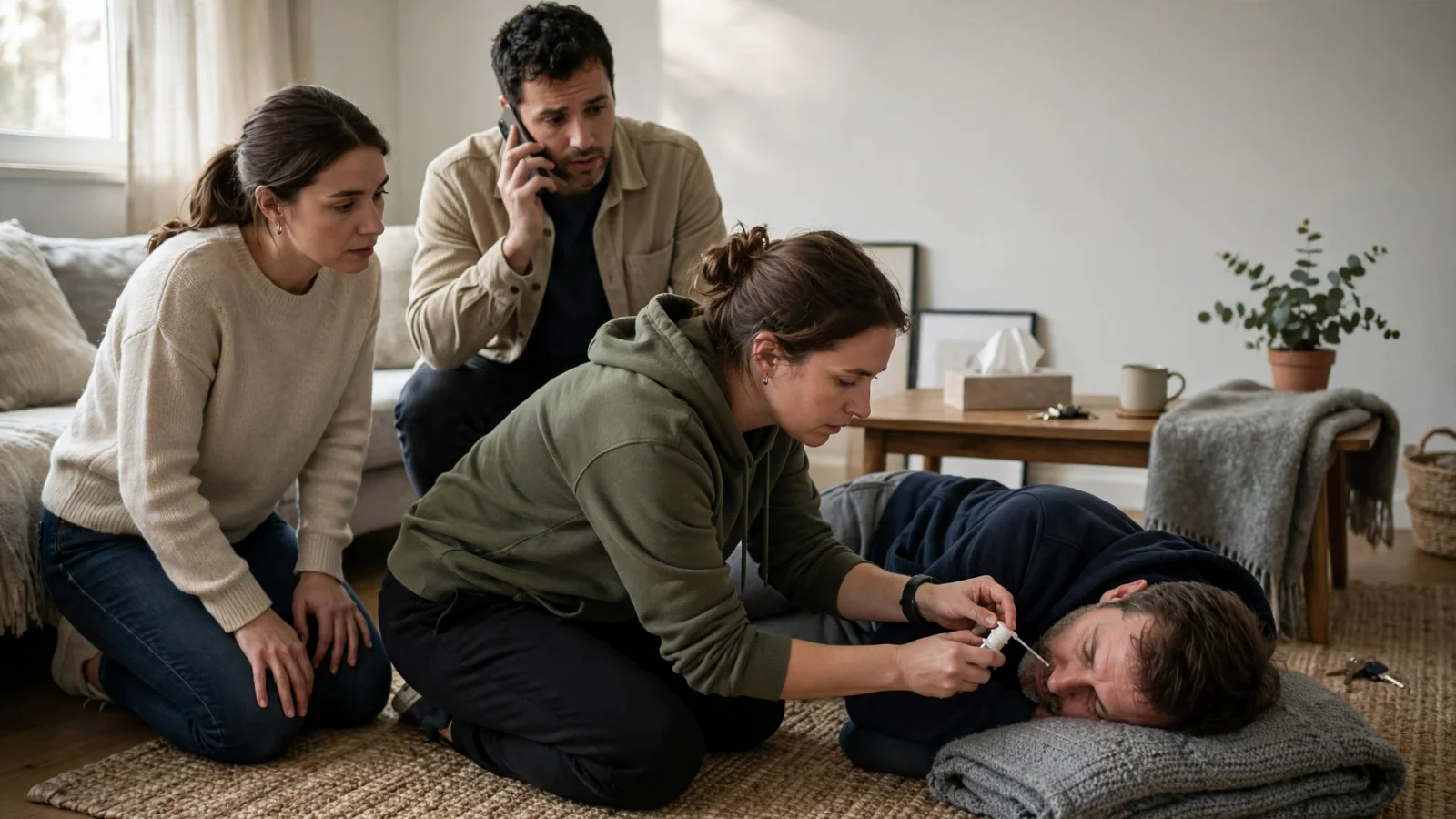 A non-graphic scene of a bystander calling emergency services and reaching for naloxone during a suspected opioid overdose, with another helper staying nearby; include no text.