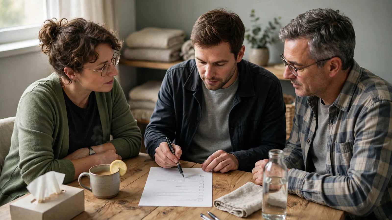 An adult, a family member, and a clinician discussing an individualized follow-up plan in a welcoming community treatment setting, conveying care as a choice rather than a punishment.