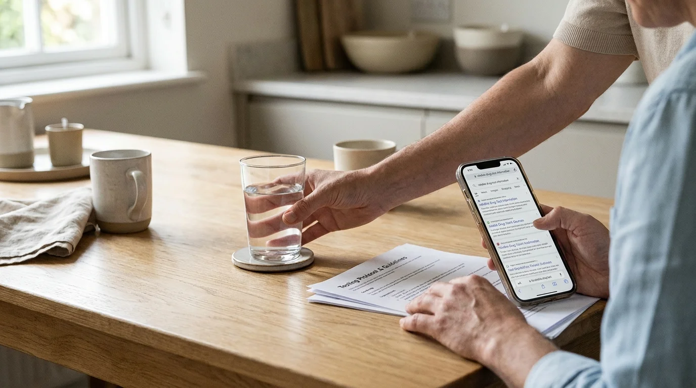 A concerned adult at a kitchen table sets aside a drink and turns to a phone beside testing paperwork, showing a move from shortcut-seeking toward reliable guidance.