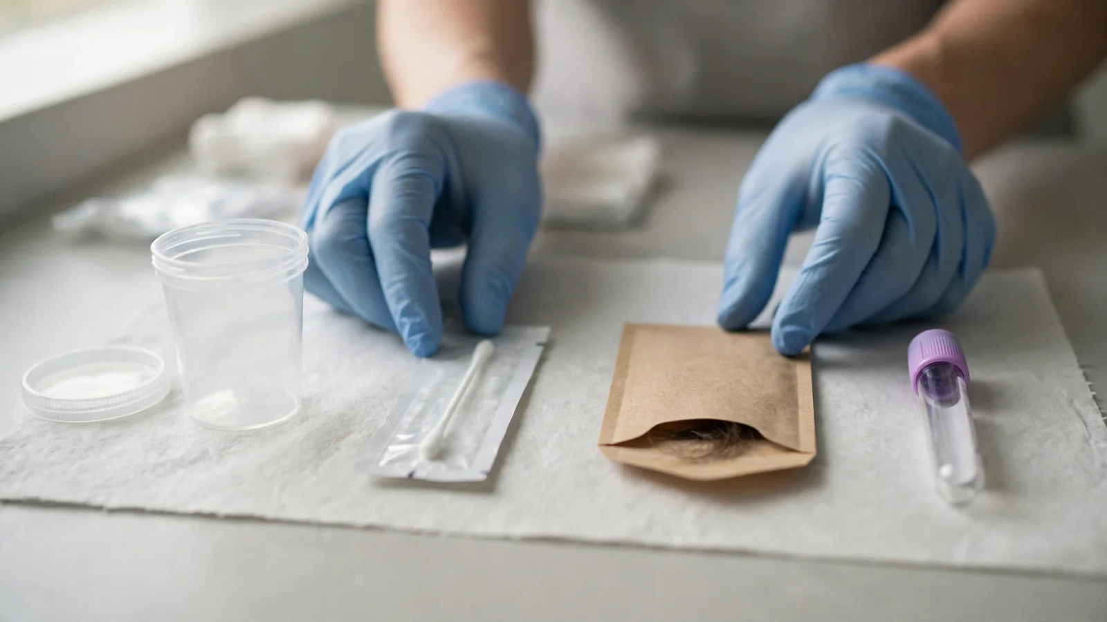 A clinician arranges an unused urine cup, oral swab, hair sample, and sealed blood tube on separate trays to show that drug tests use different specimen types.