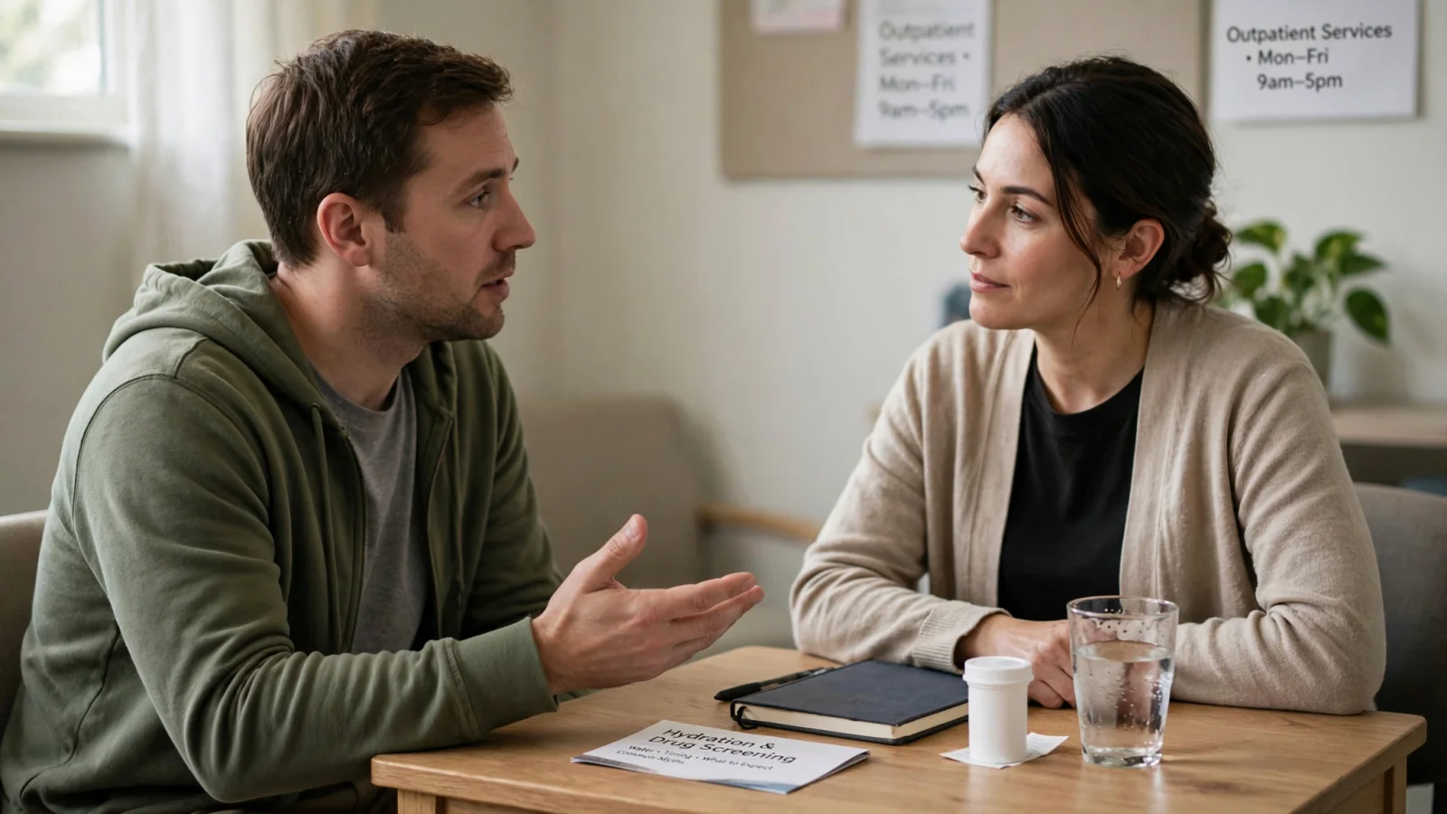 An adult speaks candidly with an outpatient counselor in a welcoming community clinic, conveying support for treatment conversations rather than pressure to conceal a result.